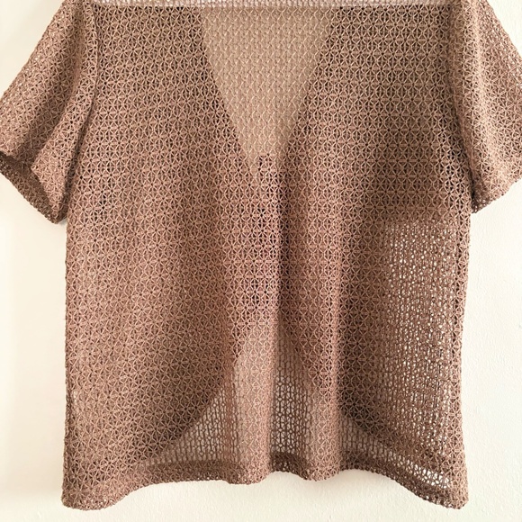 4/$10🎄Vintage Brown Crotchet Short Sleeve Tie Front Cardigan - Picture 11 of 13